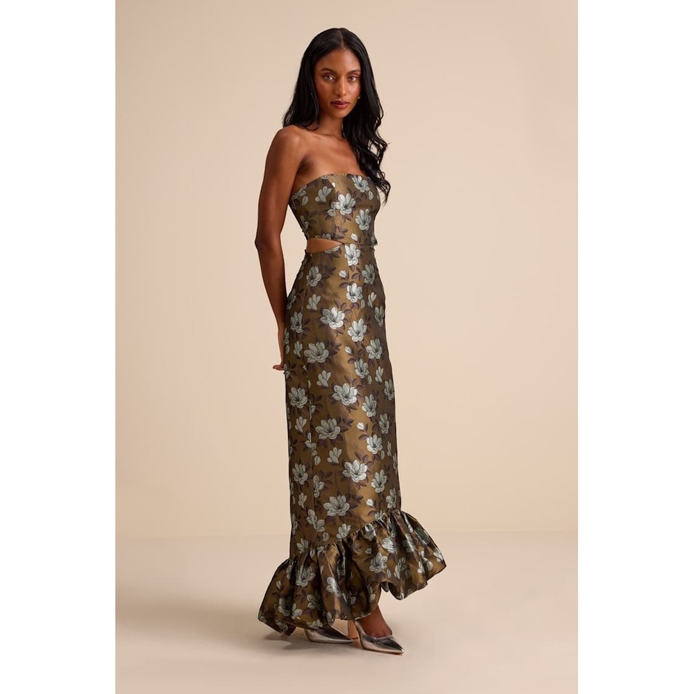 NWT Lulus Nathania Olive Floral Jacquard Strapless Bubble-Hem Maxi Dress Small